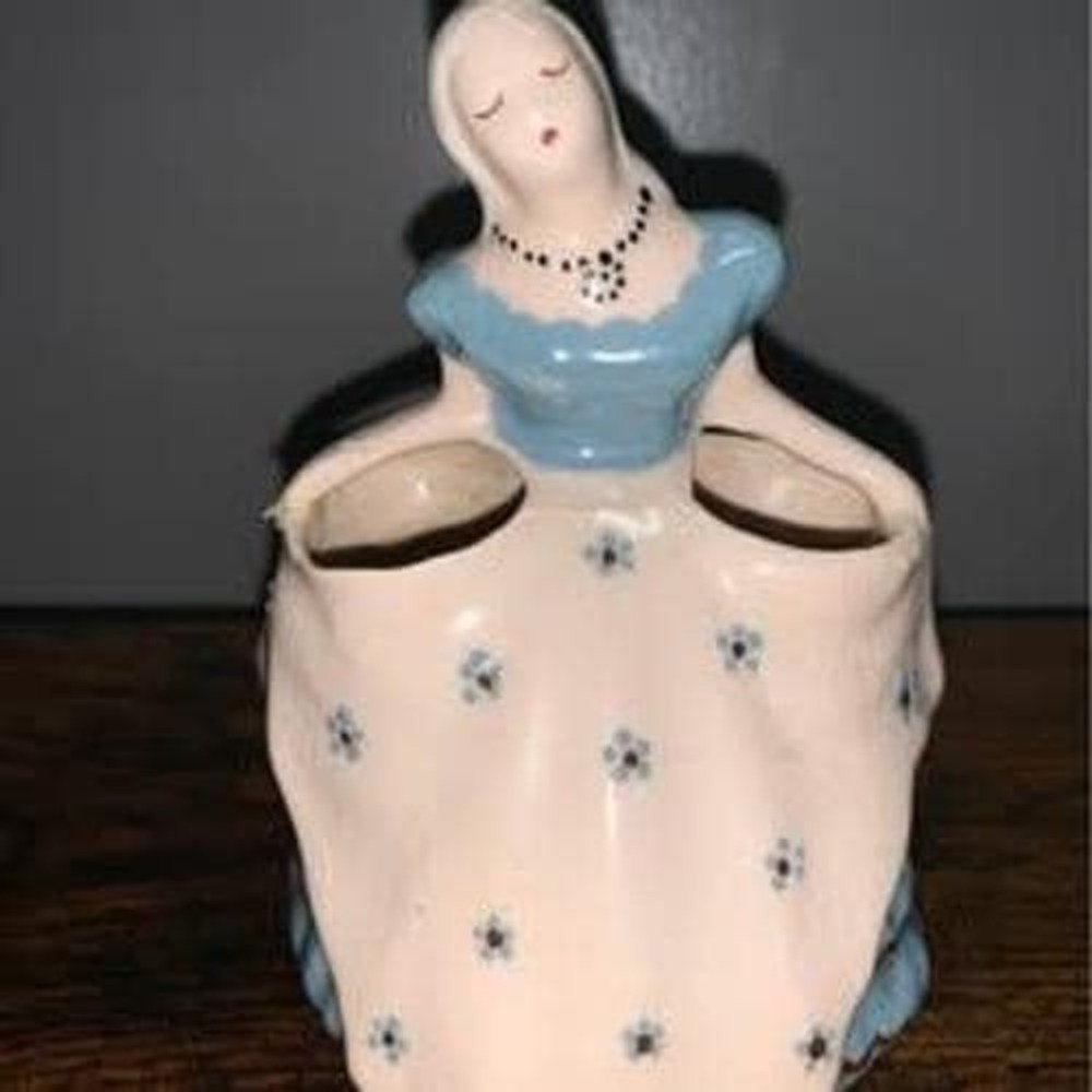 Vintage California Pottery Lady Planter Blue Floral Dress Figurine Retro Decor